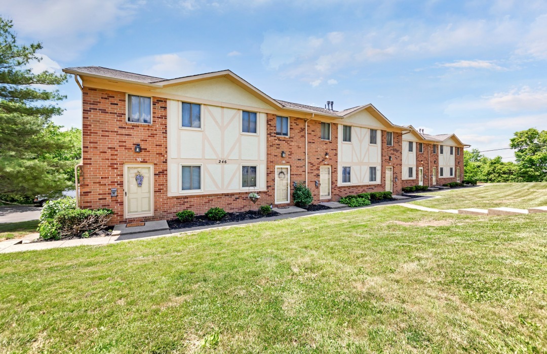 a row of buildings with grass in front of it